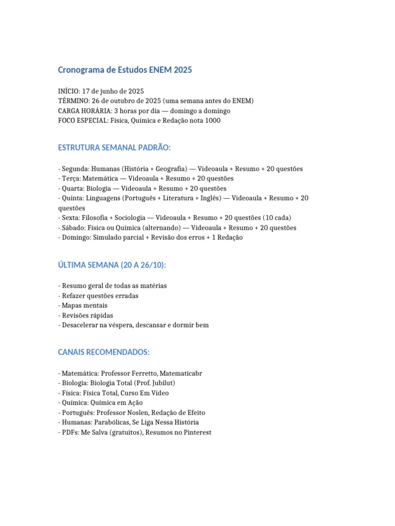 Cronograma de Estudos ENEM 2025 | PDF