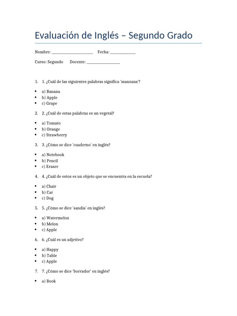 Evaluación de Inglés para Segundo Grado | PDF