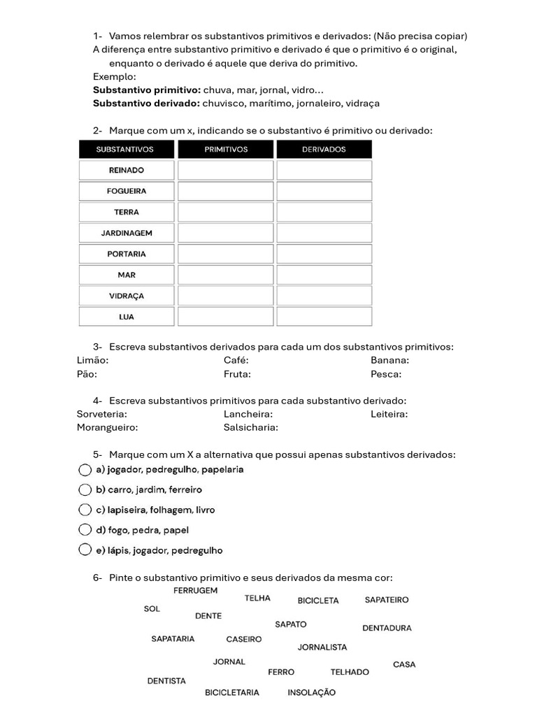 Atividades sobre Substantivos Primitivos e Derivados | PDF