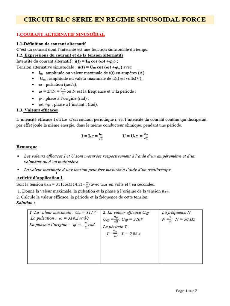 Circuit RLC en Regime Sinusoidal Force | PDF | Tension électrique ...