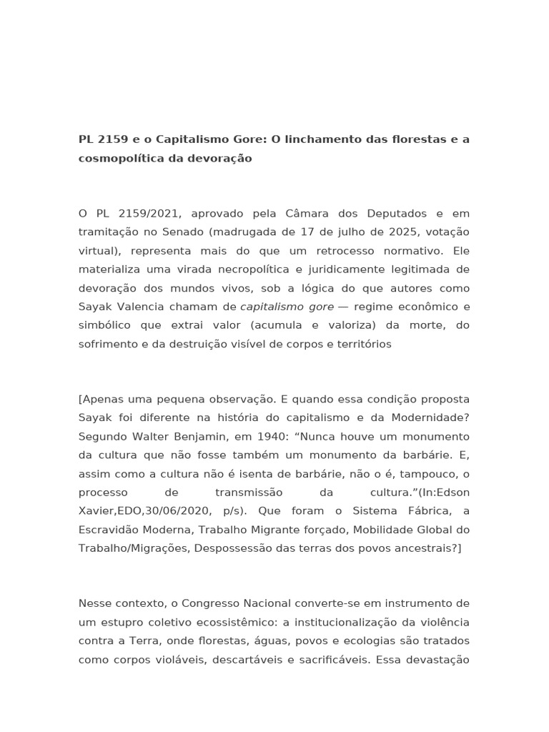 PL 2159: Necropolítica e Ecocídio | PDF