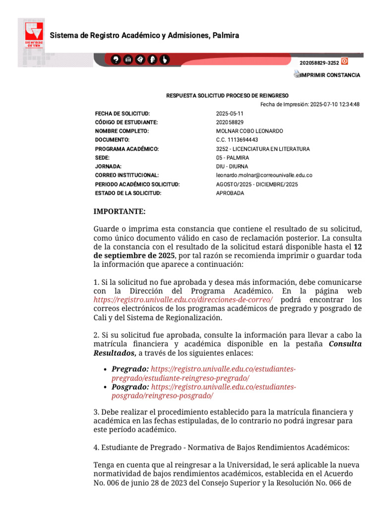 Reingreso Estudiantil Univalle 2025 | PDF