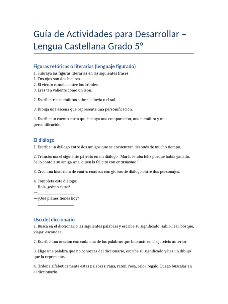 Actividades de Lengua para 5° Grado | PDF