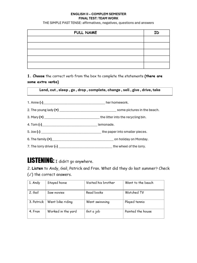 Simple Past Tense Final Test | PDF | Grammatical Tense
