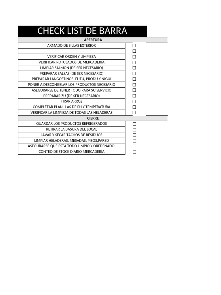 Checklist de Apertura y Cierre de Barra | PDF