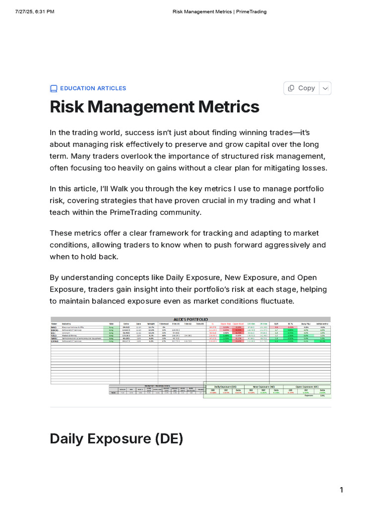 Risk Management Metrics - PrimeTrading | PDF | Risk | Risk Management