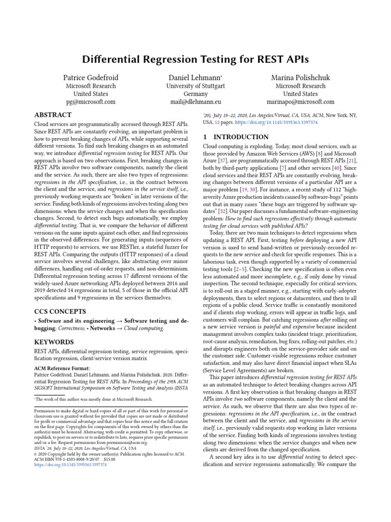 Differential Regression Testing for REST APIs | PDF | Compiler ...