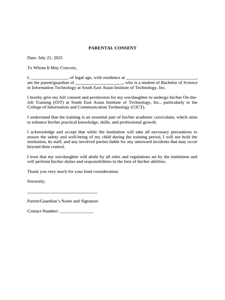 Parental Consent for OJT Training | PDF