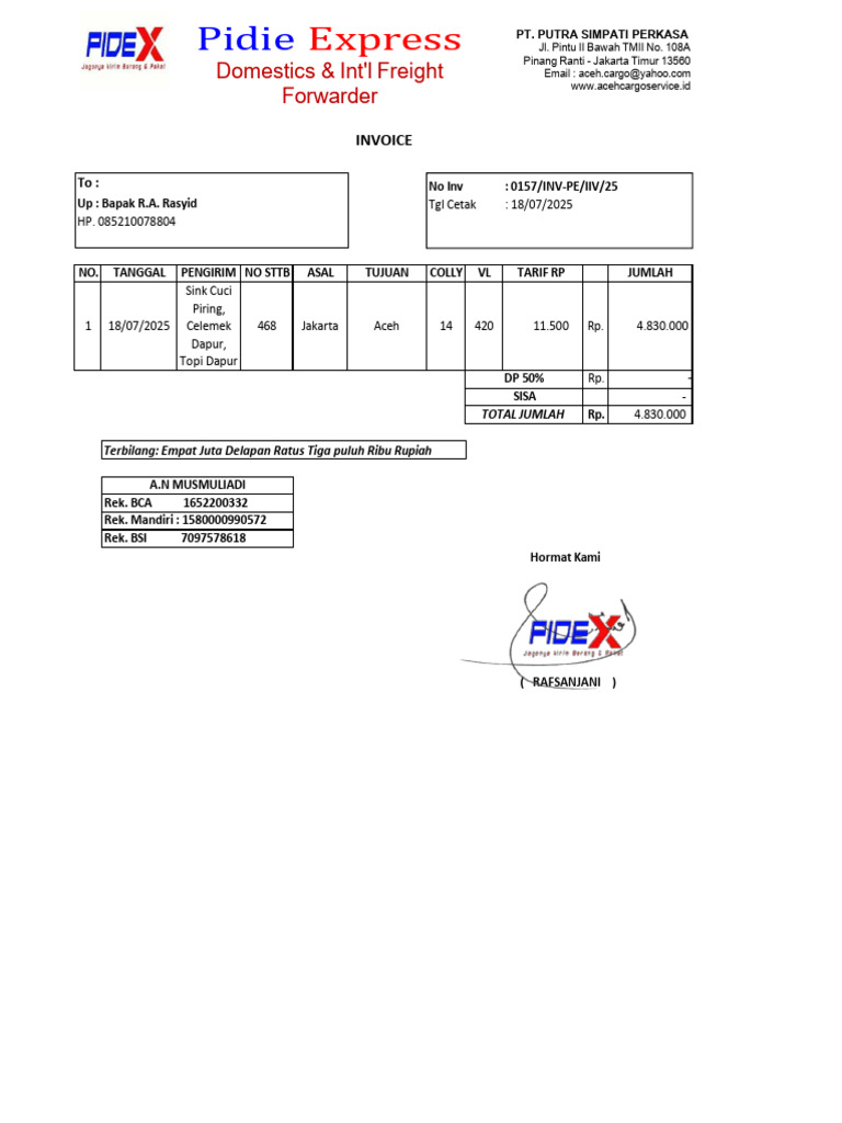 Invoice Pengiriman Rp. 4.830.000 | PDF