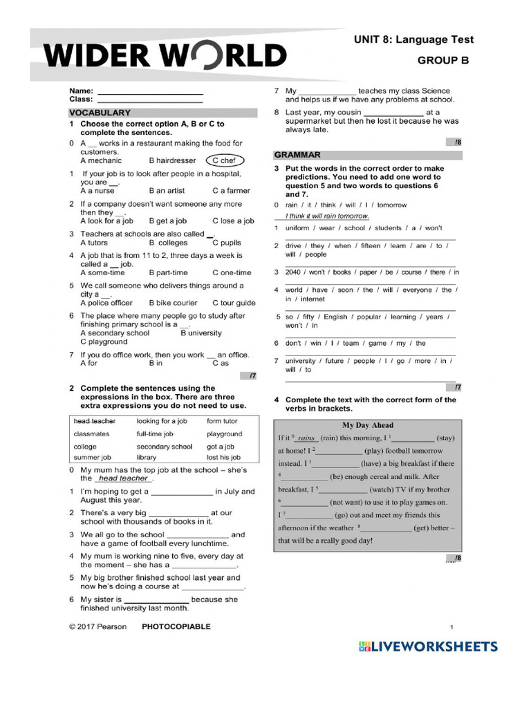 Wider World Test Unit 8 | PDF