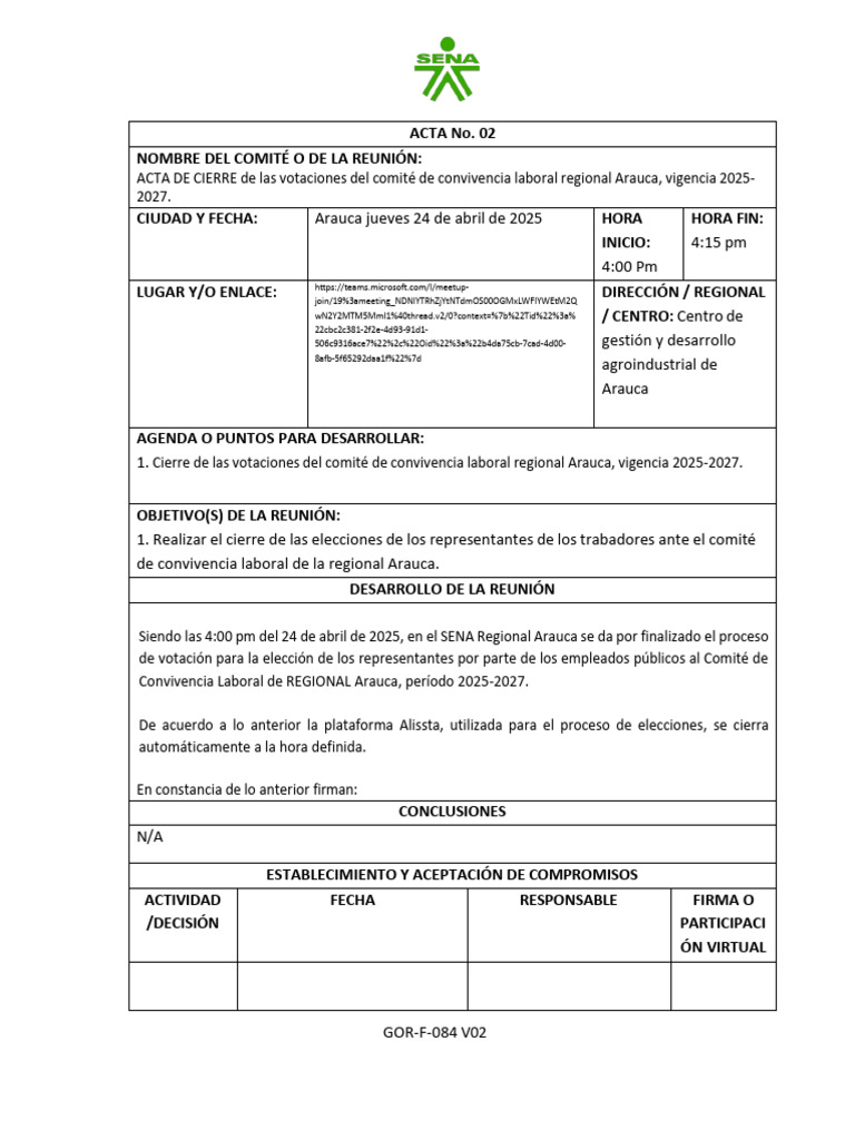 Gor-F-084 Acta de Cierre | PDF | Gobierno