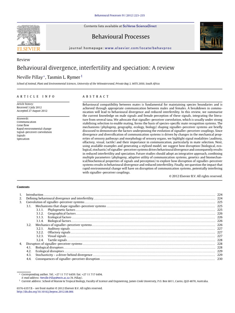 Behavioural Divergence, Interfertility and Speciation. A Review ...