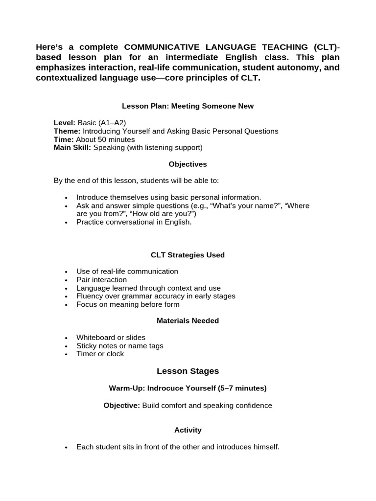 CLT Lesson Plan: Introducing Yourself | PDF | Linguistics | Human ...