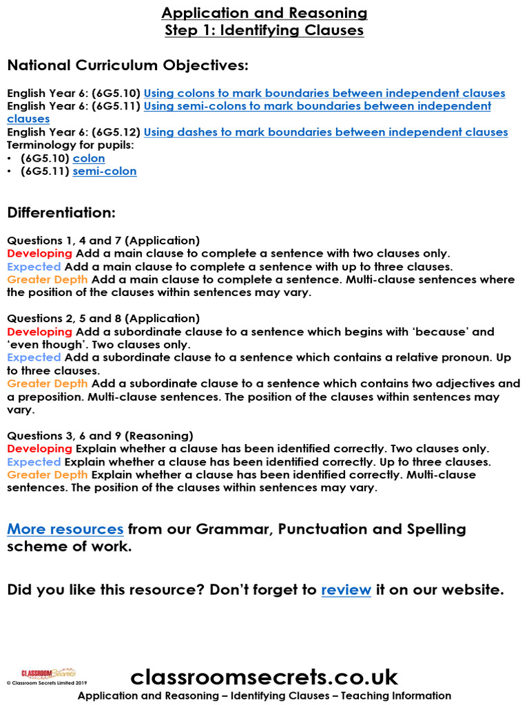 CLAUSES GPS Year 6 Spring Block 4 Step 1 AR Identifying Clauses | PDF ...