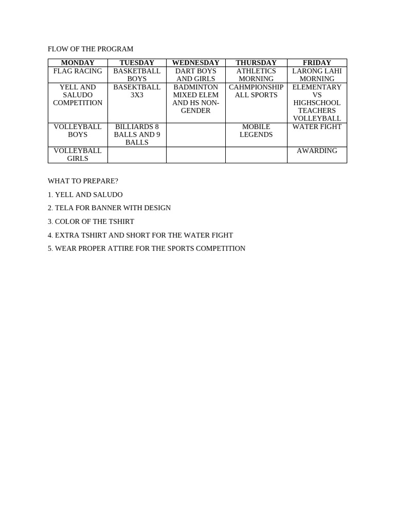 Weekly Sports Program Schedule | PDF