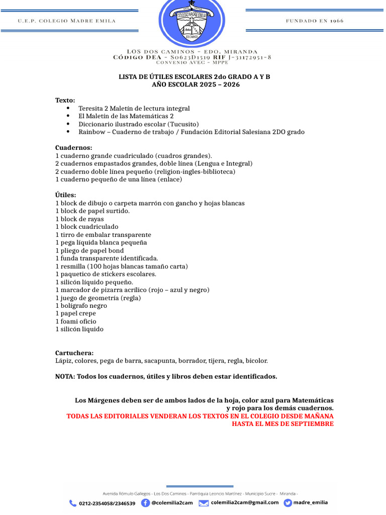 Útiles Escolares 2do Grado 2025-2026 | PDF