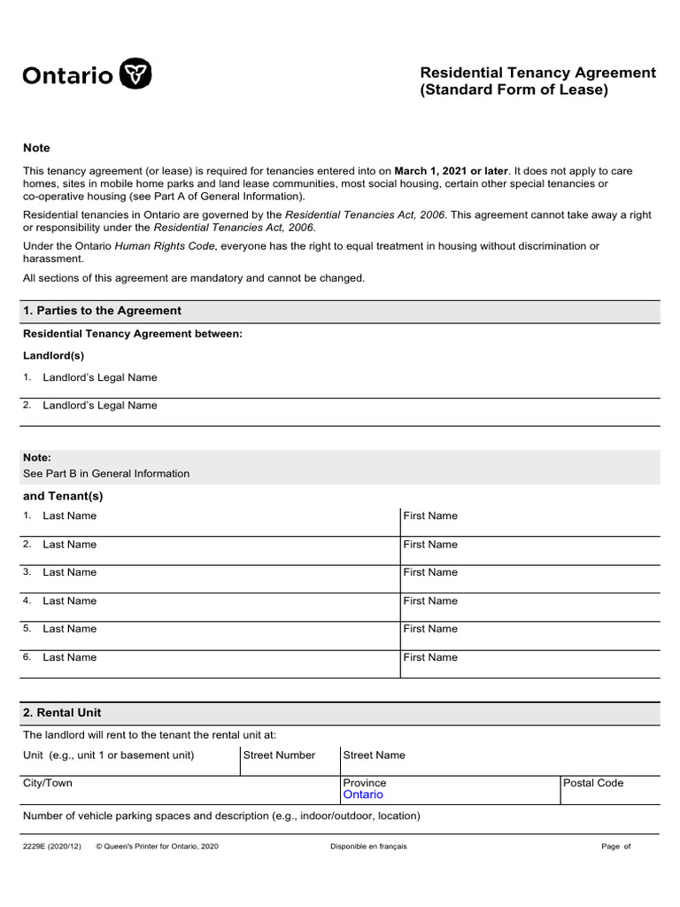 Ontario Standard Residential Lease Form | PDF | Leasehold Estate | Landlord