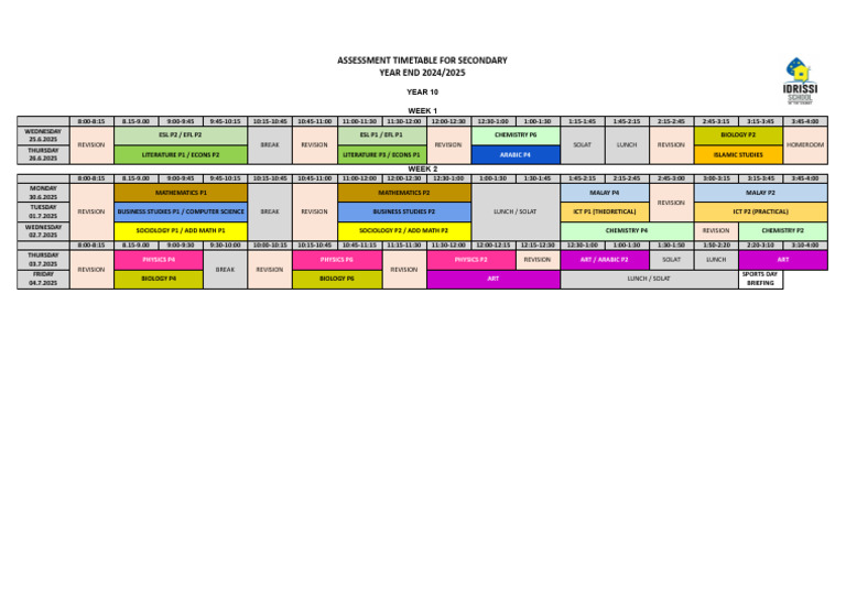 Year 10 Assessment Timetable 2025 | PDF