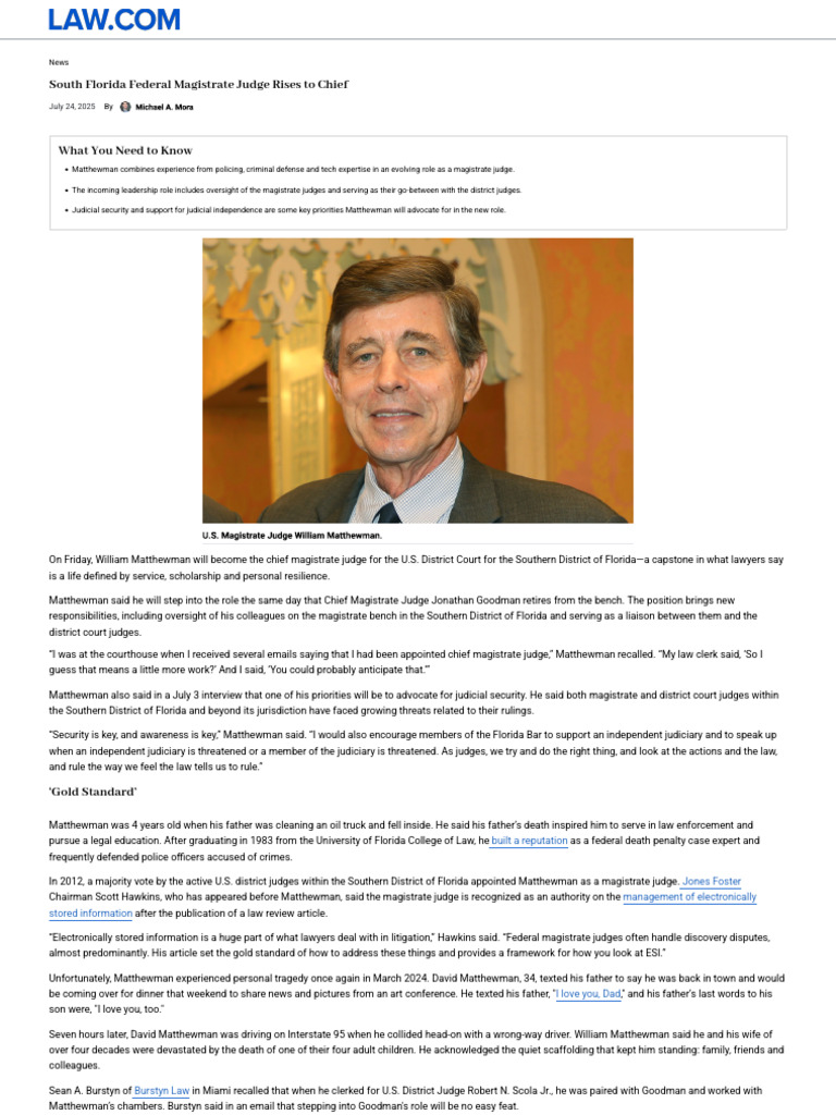Matthewman Appointed Chief Magistrate Judge | PDF | Judge | Magistrate