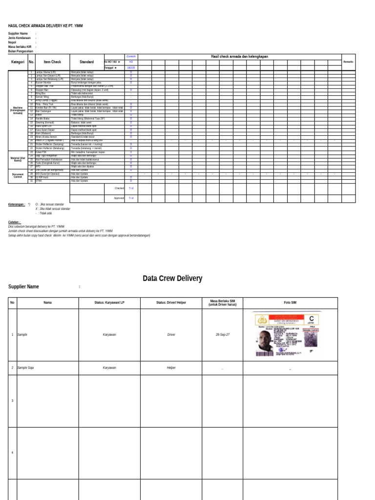 Checksheet Armada Dan Driver Supplier (Add Point APD) | PDF
