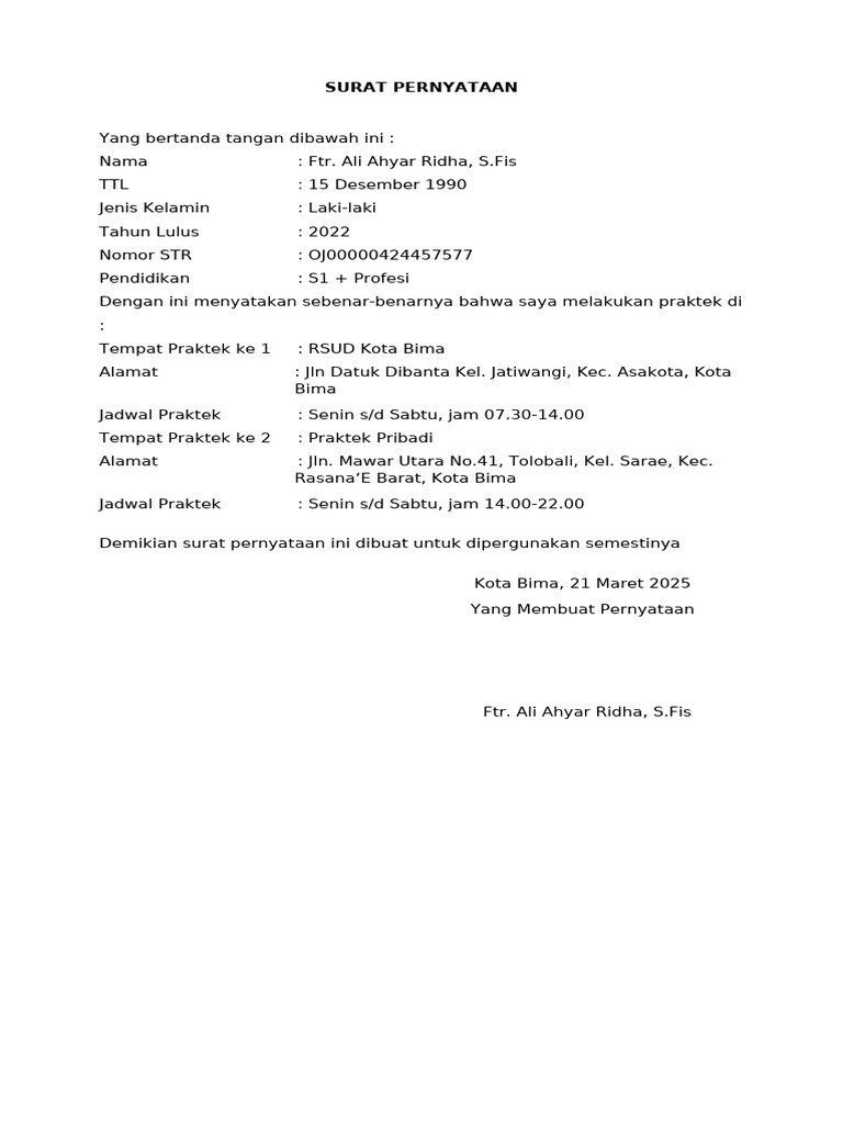 Surat Pernyataan Praktek Ftr. Ali Ridha | PDF