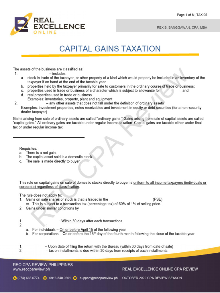 Capital Gains Tax in the Philippines | PDF | Capital Gains Tax | Taxes