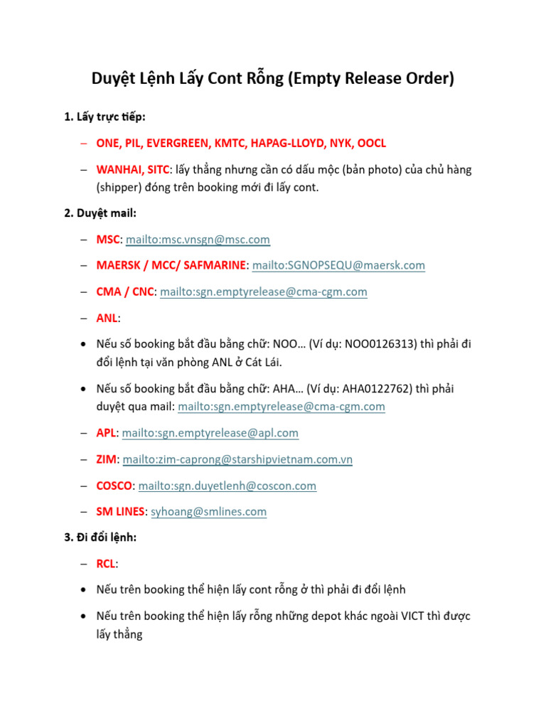 Duyệt Lệnh Lấy Cont Rỗng (Empty Release Order) | PDF