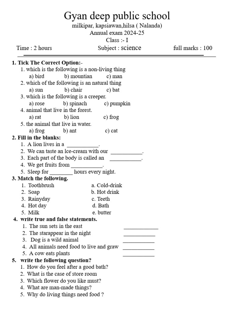 Class I Science Exam Paper 2024-25 | PDF
