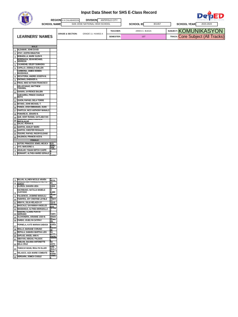 Sy - 2025 2026 - 11 Humss A - Sir Bueza | PDF