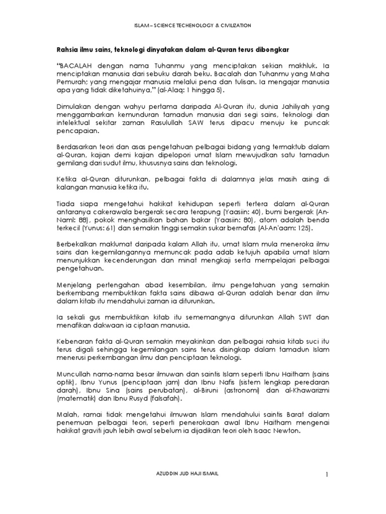 Azuddin Jud Ismail Km Sejarah Sains Teknologi Islam Pdf Agama Dan Keyakinan