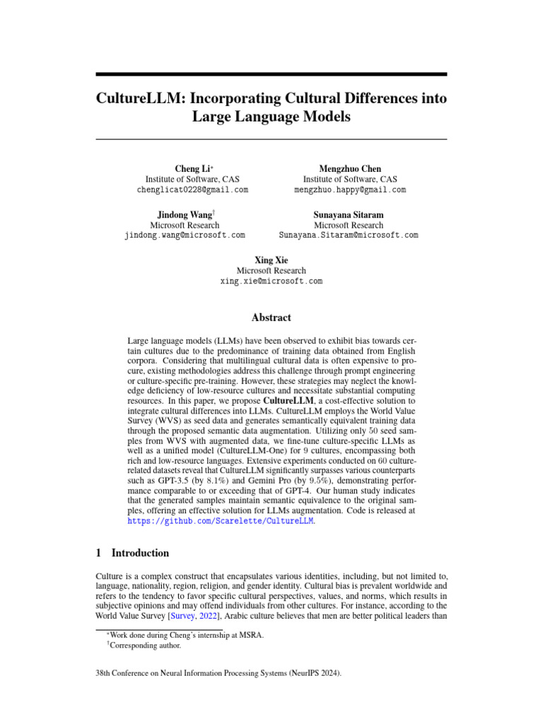 CultureLLM: Enhancing LLMs with Culture | PDF | Learning | Cognitive ...