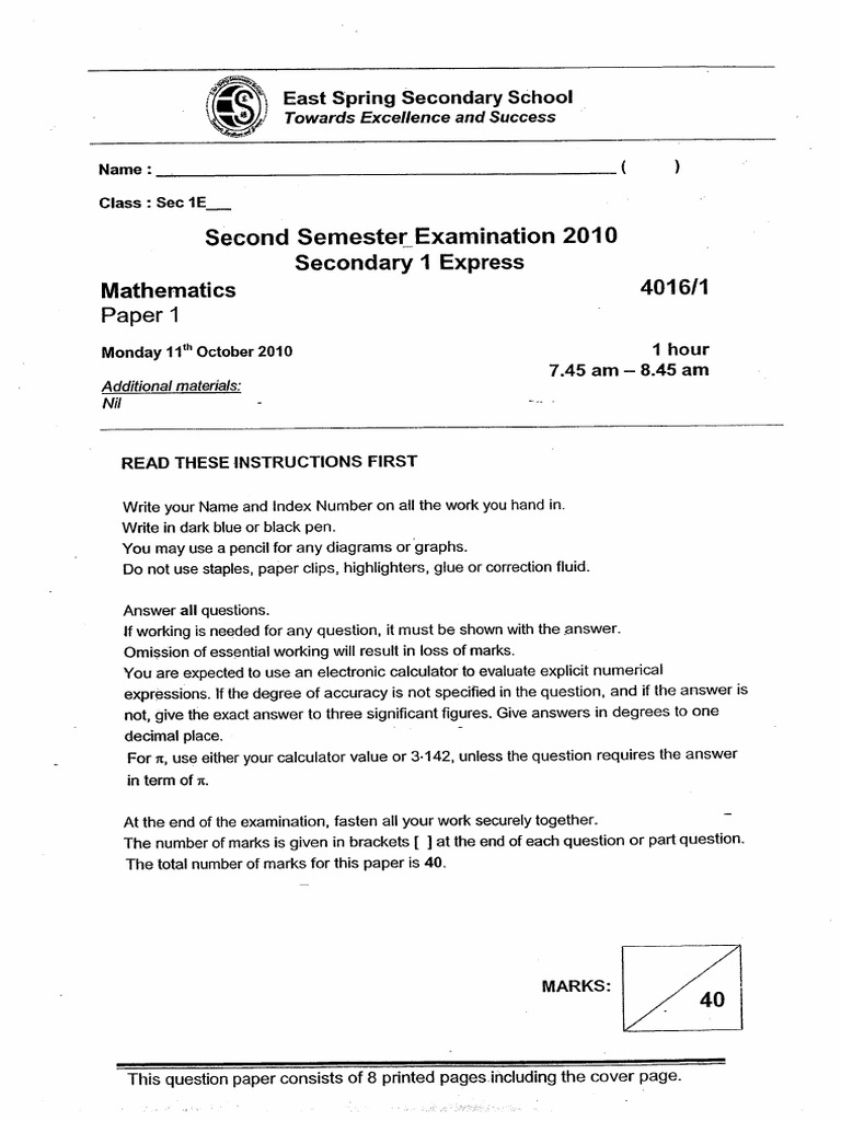 East Spring Sec 1 Maths 2010 SA2 | PDF