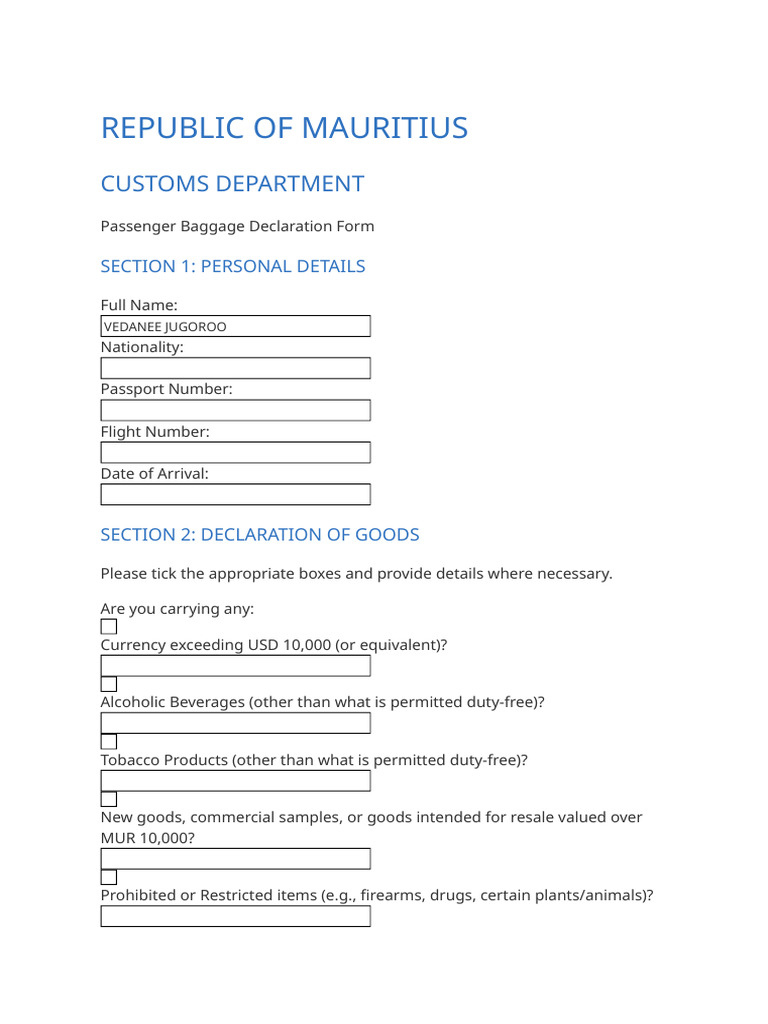 Mauritius Customs Baggage Declaration Form | PDF