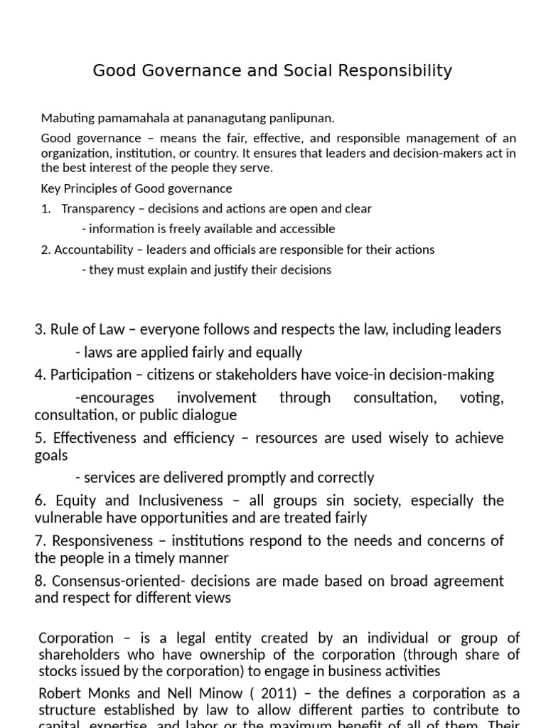 Good Governance and Social Responsibility | PDF