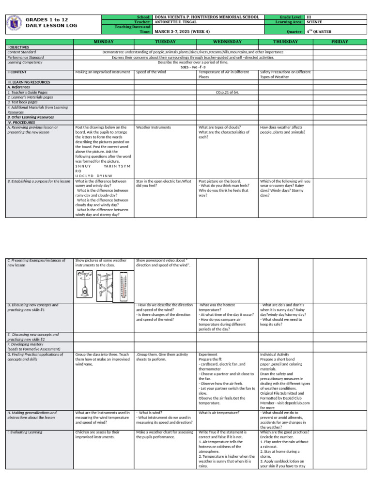 Grade 3 Science Daily Lesson Plan | PDF | Weather | Learning