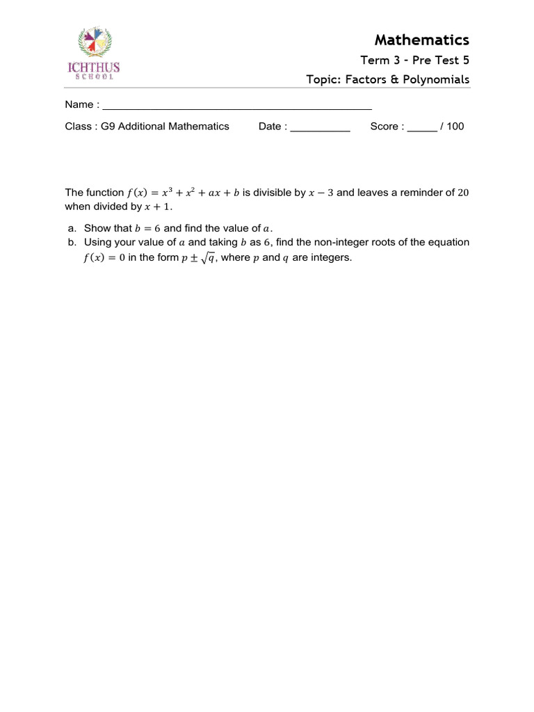 2023-2024 Mathematics g9 Additional Pre Test-5 Factors & Polynomials | PDF