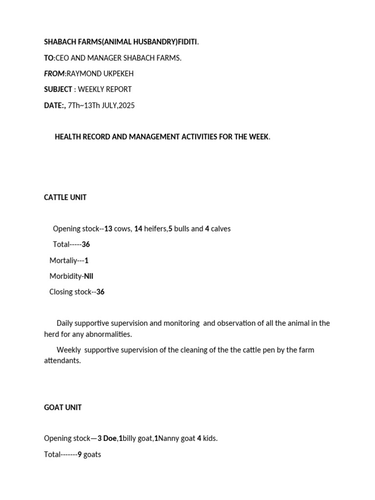 Weekly Animal Health Report: Shabach Farms | PDF