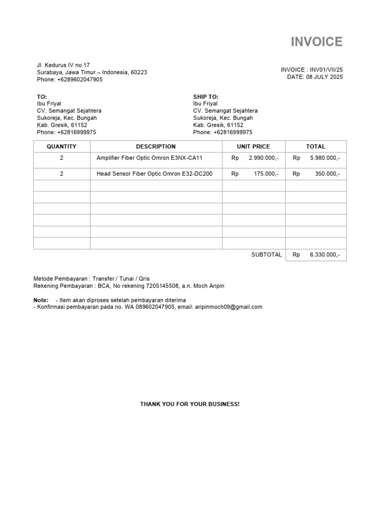 Invoice Pembelian Amplifier dan Sensor | PDF