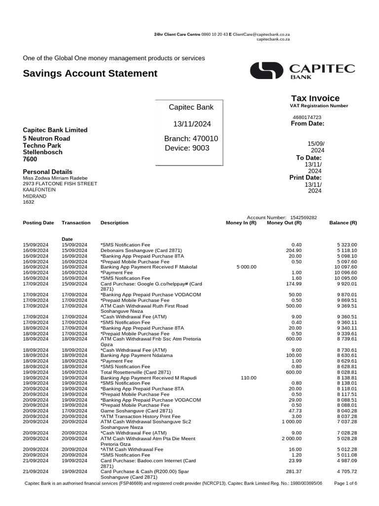 Capitec Bank Statement Overview | PDF | Debit Card | Fee