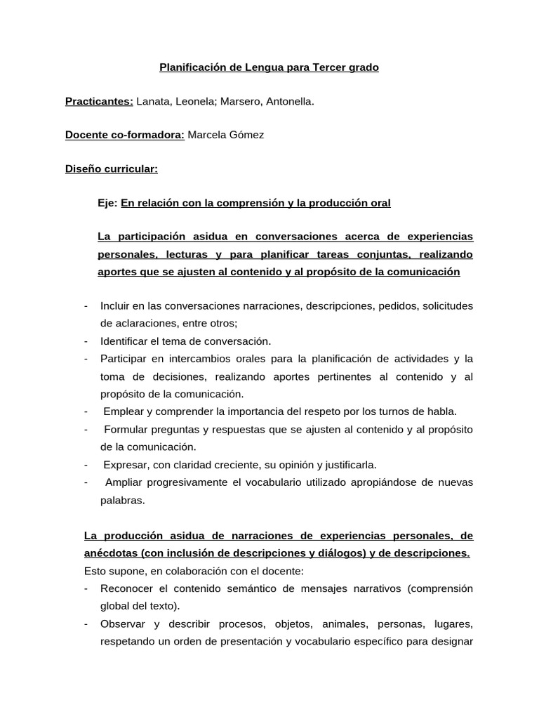 Planificación de Lengua para Tercer Grado | PDF | Puntuación | Narración