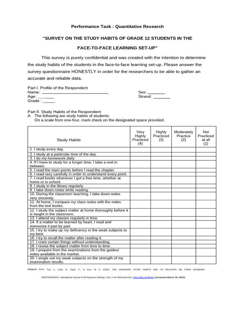 Survey on Grade 12 Study Habits | PDF | Learning | Cognition