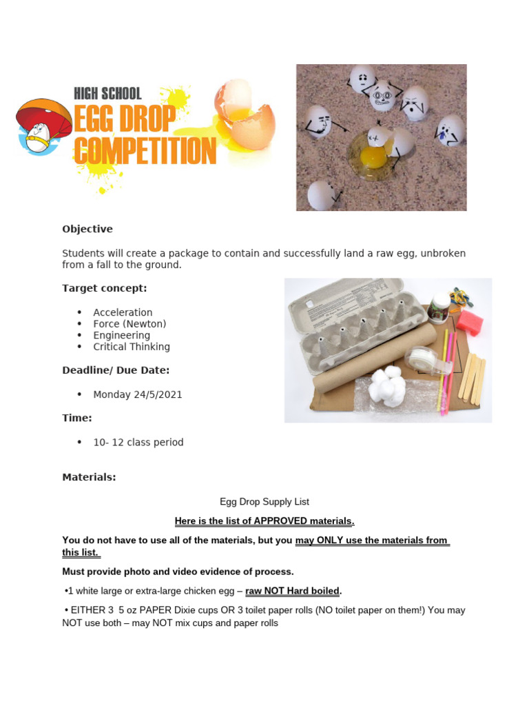 Egg Drop Lesson Handout Pdf Adhesive