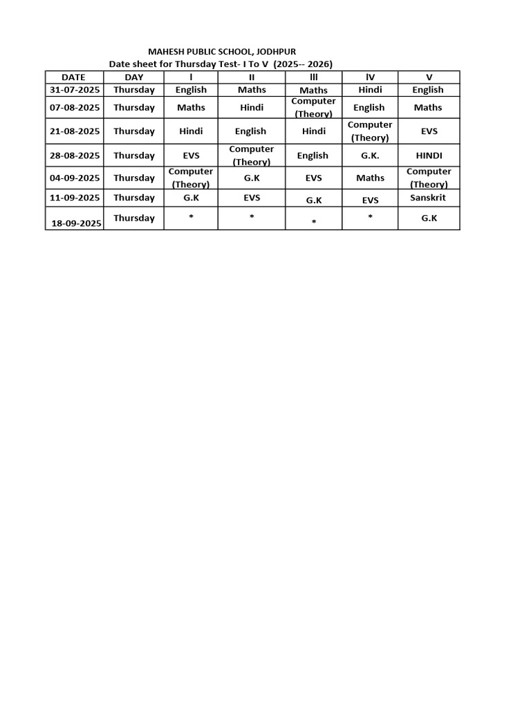 Thursday Test Time Table | PDF