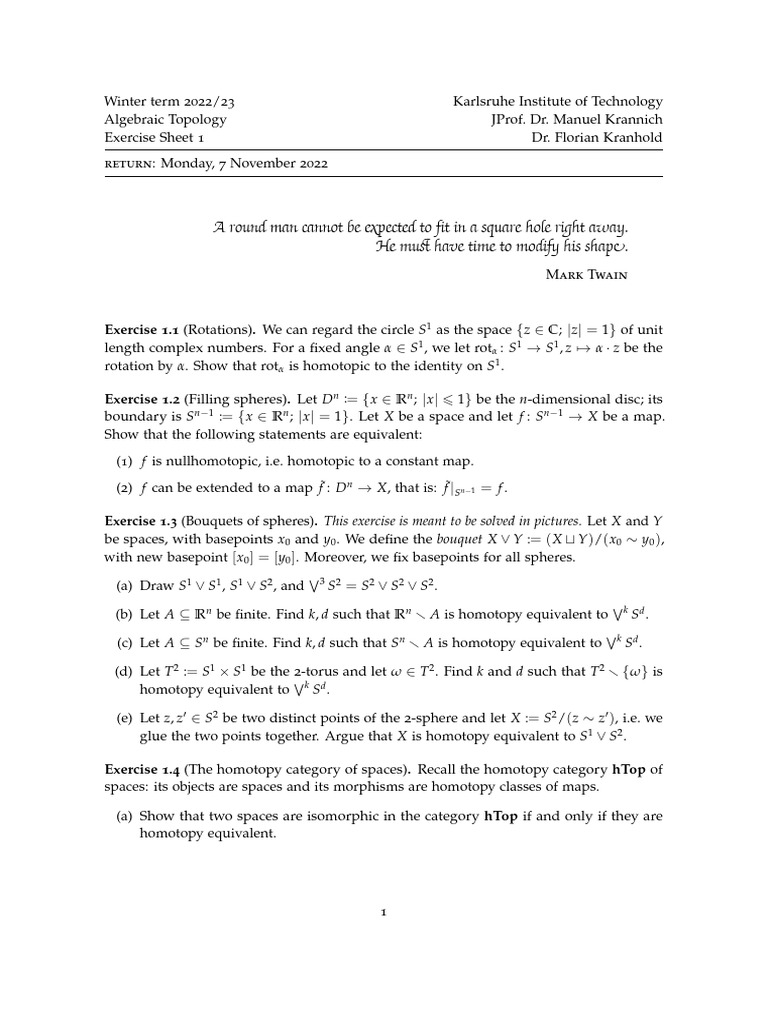 Algebraic Topology Exercise Sheet 1 | PDF | Topology | Geometry
