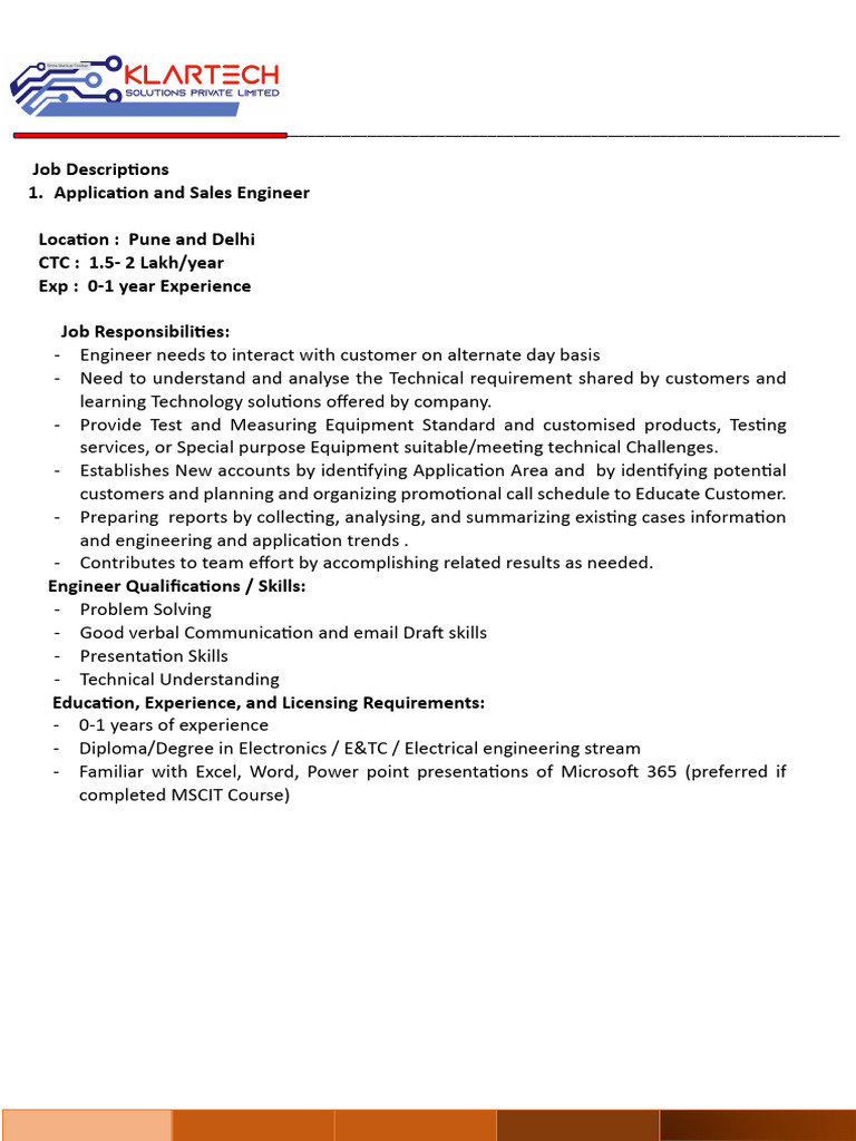 Klartech Solutions Job Opening: Engineer | PDF