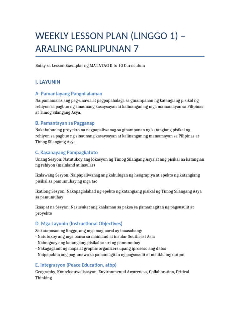 Formatted Weekly Lesson Plan AP7 | PDF
