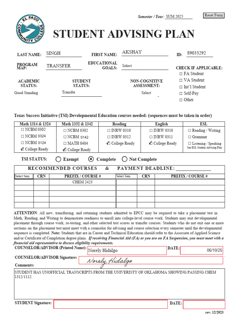 Student Advising Plan Template | PDF