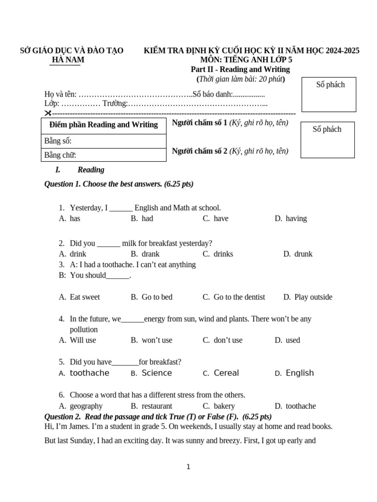 English Test for Grade 5 - Reading & Writing | PDF