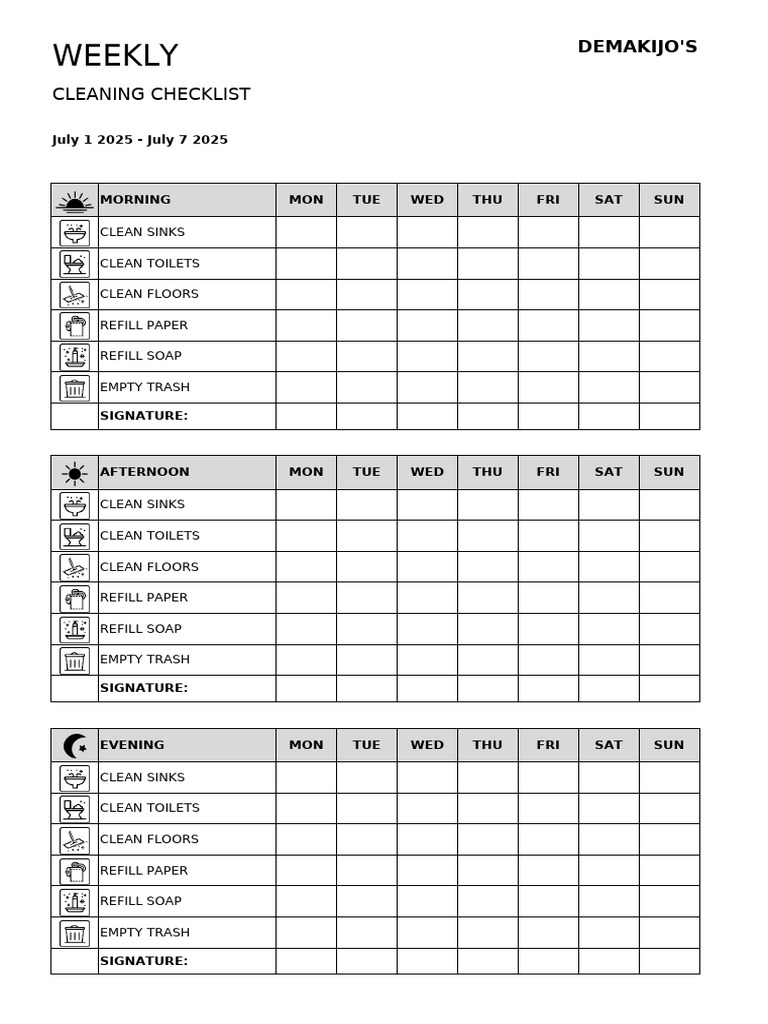Weekly Bathroom Cleaning Checklist | PDF