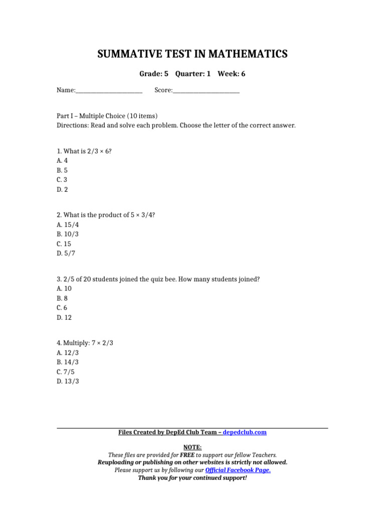 Math Test: Fractions and Multiplication | PDF | Elementary Mathematics ...